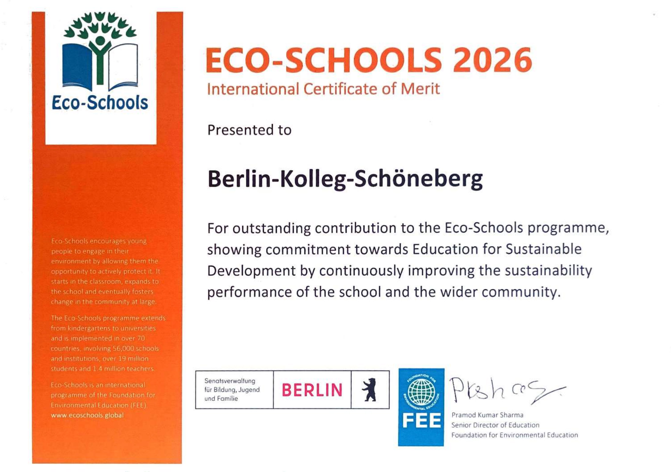 ECO-Schools 2026 International Certificate of Merit
