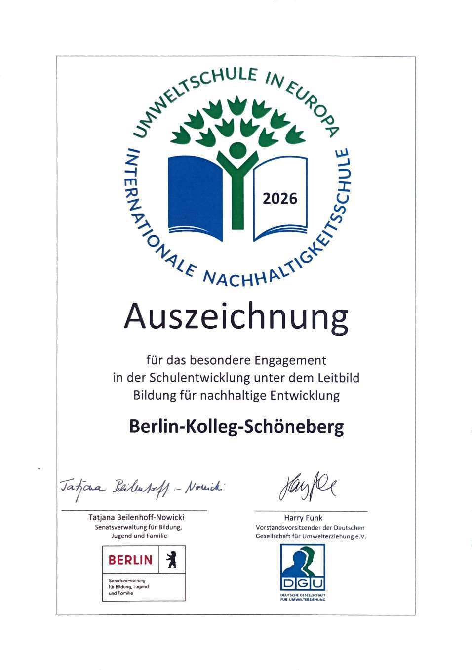 Auszeichnung: Umweltschule in Europa 2026